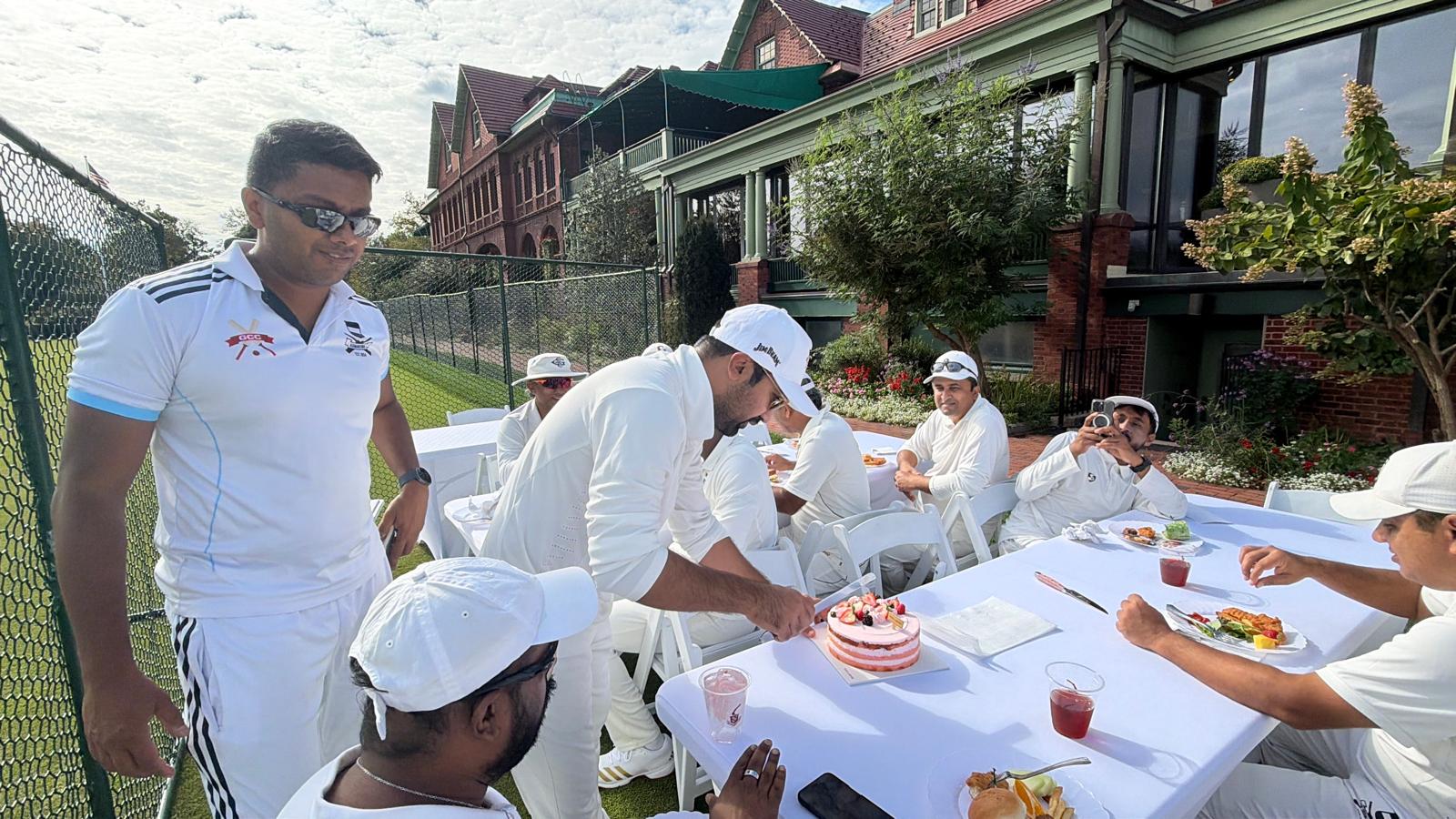 Germantown cricketers celebrating Mihir’s birthday outside Merion Cricket Club